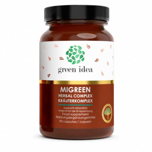 Green idea Migreen Mutterkraut Komplex Magnesium B Vitamine 90 Kapseln | Kräuterkomplex mit Magnesium, B-Komplex, Weidenrinde, Ginkgo, Guarana, Ingwer
