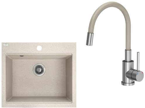 VBChome Spülbecken mit Armatur 57 x 50 cm Einzelbecken beige Granit rechteckig Einbauspüle gesprenkelt großes tiefes Becken Spüle aus Verbundwerkstoff + Siphon + Armatur