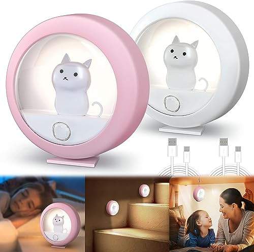 Luz Nocturna Infantil - 2 Piezas Luz de Noche LED con Sensor de Movimiento con 3 Modos AUTO/ON/OFF, Lámpara LED de Niños USB Recargable para Habitación Bebé, Pasillos, Dormitorio (Blanco + Rosa)