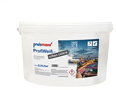 Preismaxx Profiweiß Wandfarbe weiß 2,5L, hohe Deckkraft, Dispersionsfarbe innen, Innenwandfarbe Raumfarbe deckend, Deckkraftklasse 2, matt Innenfarbe Profi Qualität