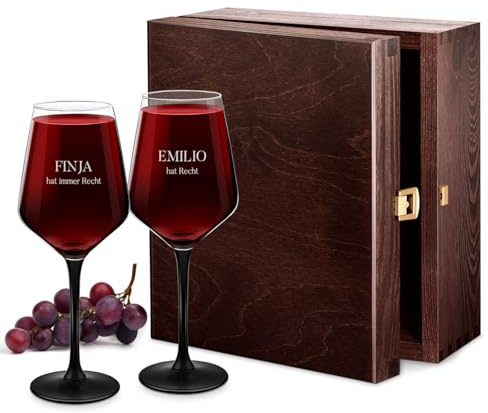 Maverton Rubin 2er Weingläser Set mit Gravur 290 ml - Rotweingläser mit schwarzem Stiel - Ø 8 cm, H: 20,5 cm - 2 Wine Glasses für Paare - personalisierte Geschenke - Hochzeit - Hochzeitsjubiläum