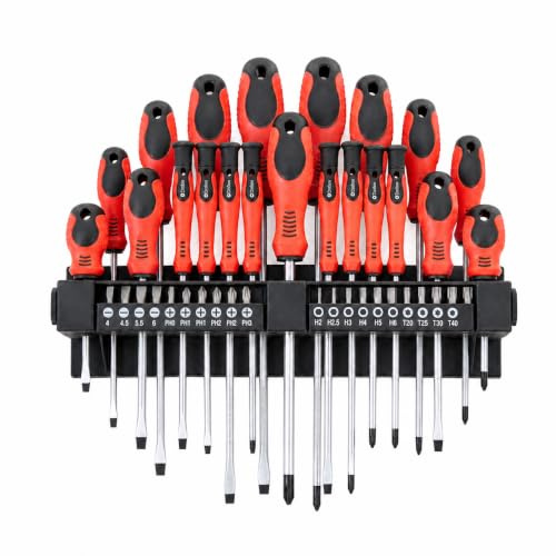 KOMBO - Kit Professionnel 38 Pièces avec Tournevis et Embouts en Cr-V – Support Mural Inclus, Porte Inclinable, Poignées Antidérapantes – Tournevis Standard, Torx, PH, SL, de Précision