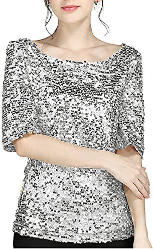 Damen Glitzer Shirt Kurzarm Oberteile Schön Glänzend Pailletten Tops Tshirt Elegant Festlich Damenbluse Mode Abend Party Wedding Glitzertop Bluse Tops