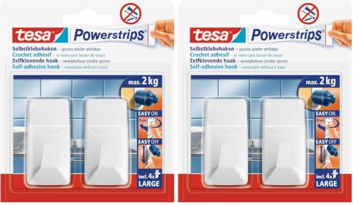 tesa Powerstrips Haken Large ECKIG - Selbstklebender Wandhaken für Glas, Kacheln, Holz, Kunststoff und andere Untergründe - Weiß (Packung mit 2)