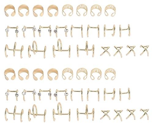 Ear Cuff Wraps, 48st Ear Cuff Icke Piercing Färgfast Robust Lätt Snygg Fläta Pärlor Hår Smycken Brosk Clip on Örhängen Wrap Claw Stud Örhängen för Fester Bröllop (Guld)