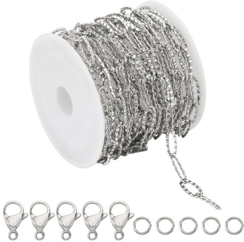 SUNNYCLUE 16.4 Fuß/ 5 m Edelstahl Büroklammer Kettenrolle Geprägte Strukturierte Gliederkette Spule 12x5 mm Glieder 50 offene Biegeringe 20 Karabinerverschlüsse Für Schmuckherstellung Basteln Basteln
