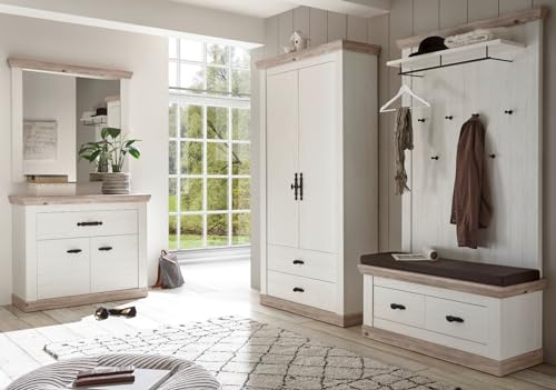 Garderobe in weiß Pinie und Oslo Pinie Landhaus Stil Flurgarderobe Set Kombination mit Schuhschrank, Sitzbank, Garderobenpaneel, Spiegel und Kommode 341 x 201 cm Rovola (Set 4)
