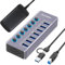 Tccmebius Hub USB Alimenté à 7 Ports Aluminium USB 3.0 Data Hub avec Interrupteur Séparé LED, Adaptateur d'alimentation 12V/3A, 2-en-1 (USB A/C) Data Cable 100cm, pour Laptop MacBook Pro/Air PC