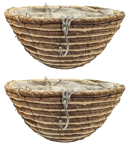Quickdraw 12” Rope Hanging Basket Indoor & Outdoor Garden Plants Hanging Flower Planters with Chain & Liner (2 x Baskets)