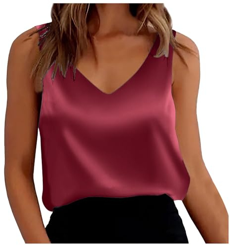 DeaAmyGline Satin Tank Top Damen Sommer Ärmellose Bluse Elegant Seidenbluse Seidentop T Shirt V Ausschnitt Weste Lässig Lockere Sexy Seide Camisole Blusenshirt Tanktops & Träger-Tops Frauen