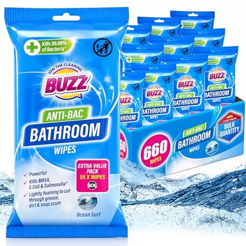 BUZZ 660pk Bathroom Anti-Bac Wipes - Multi Surface Cleaning Cloths | Removes soap scum and grime, for floors, kitchen and desk surfaces