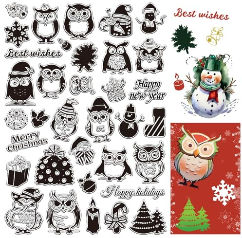 craspire Transparenter Gummistempel Frohe Weihnachten Eule 11.7x8.3 Zoll Große Größe Süßer Weihnachts Und Frohes Neues Jahr Transparenter Silikonsiegelstempel Für Tagebuch Und Kartengestaltung DIY