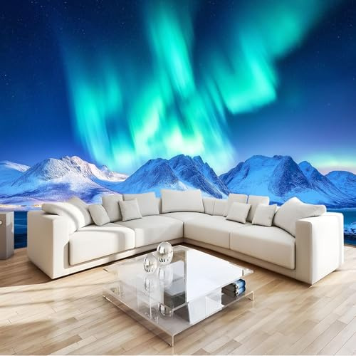 Grün 3D Fototapete Vlies Schneeberg Polarlicht Moderne Wanddekoration 3D Effekt, Für Schlafzimmer Wohnzimmer Büro & Flur, Premium Kunstdruck Wandtapete Tv-Hintergrund B400 X H280 Cm