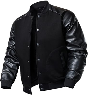 FANARCHER Men’s Varsity Baseball Jacket Cotton Blend Letterman Jacket with Faux Leather Sleeve Bomber Coat, Black, XL