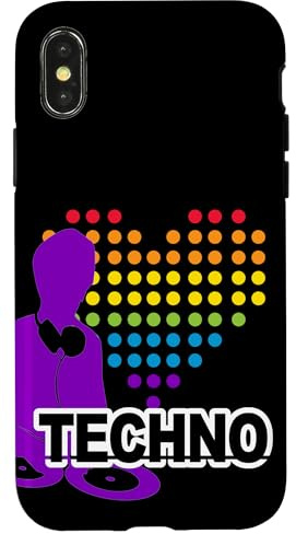 DJ avec tourne-disque et cœur, batterie et basse, techno Coque pour iPhone X/XS