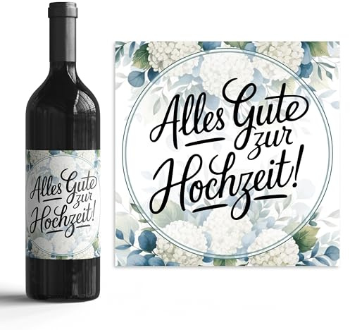 Flaschenetiketten zur Hochzeit – Alles Gute zur Hochzeit – 6 Aufkleber mit Hortensien Motiv – Geschenkidee für Brautpaar & Gäste – Hochzeitsdeko selbstklebend (Hortensien / 026, 10x10cm)