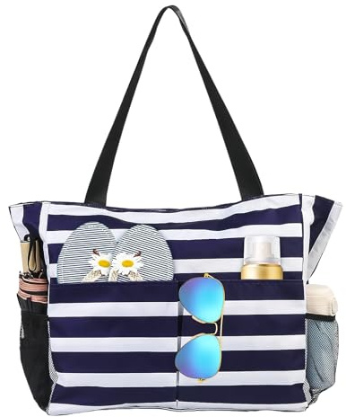 yisight Borsa Mare Donna Grande, Borsa Spiaggia Donna Impermeabile con Zip & Multicomparto, Pieghevole Leggera Beach Tote Bag per Spiaggia, Viaggio, Vacanza, Piscina (blu)