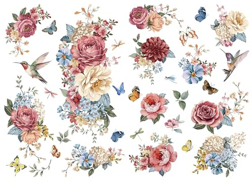 Joeyan Transfers para Muebles, 2 Piezas Grande 42x30cm Pegatinas de Transferencia de Flores para Manualidades y Decoración DIY en Madera Vidrio Metal Lienzo Porcelana Papel Plástico, Flores Hermosas