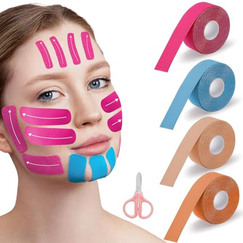 UOCAI 4 cintas faciales para levantar la cara, 2,5 cm x 5 m, antiarrugas, para la cara, arrugas faciales, para reafirmar la piel (tono de piel, naranja, rosa, azul claro)