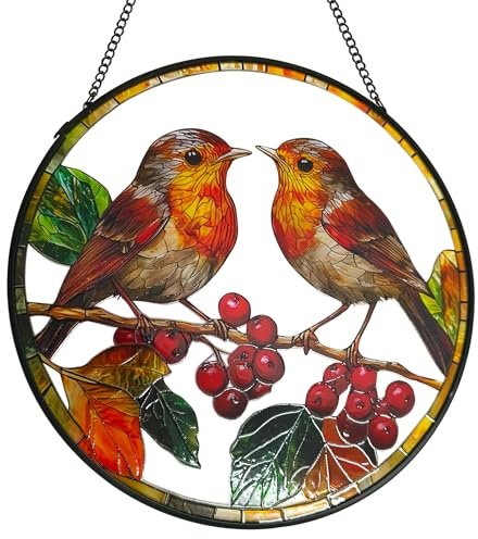 ZZHAOYI Robins Sun Catcher Stained Glass Window Hanging Suncatcher Indoor Window with Metal Chain, Birds Gifts for Women Mom Bird Lovers