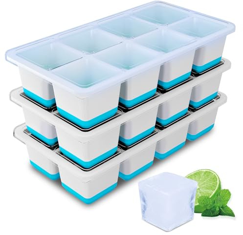 Large Ice Cube Tray with Lid, 3 Pack Large Ice Cube Moulds, Easy Release BPA-Free Ice Trays for Freezer, Silicone Ice Cube Tray with Lid for Whiskey, Cocktails, Drinks(Blue)