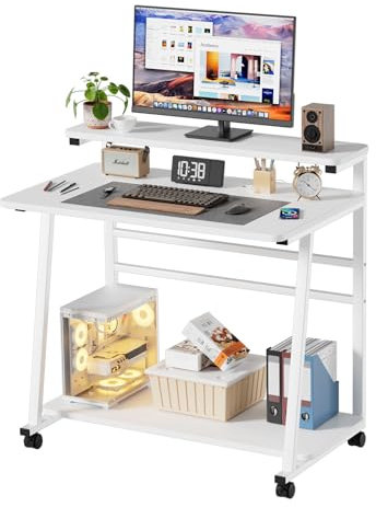 Mesa para Ordenador con 4 Ruedas Estación de Trabajo para Computadora con Estante Stable Escritorio en Forma de H Mesa para portátil Escritorio Pequeño para Oficina en Casa 80x50x90CM (Blanco)
