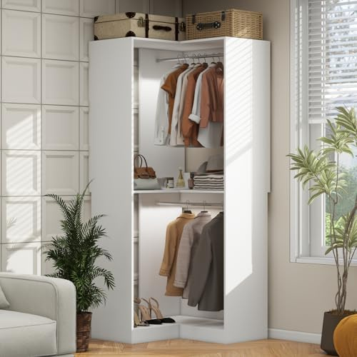 Secilix Corner Closet System, Corner Wardrobe Organizer with Extra Side Hanging Rods, Space-Saving Storage for Small Apartments and Compact Homes, Modern White Closet with Double Hanging Space