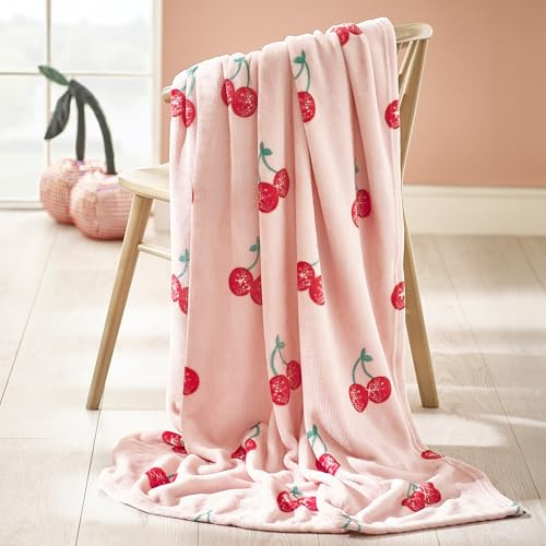 Catherine Lansfield Disco Cherries Cosy Fleece 200x240cm Oversized Blanket Throw Pink