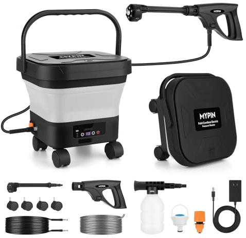 660PSI Portable Cordless Pressure Washer with Folding 3.4Gal Tank, 6-in-1 Nozzle, 7 Adjustable Pressure Levels, 7M Hose, Portable Sprayer with Wheels for Car Floor Wall Fence Cleaning (White)