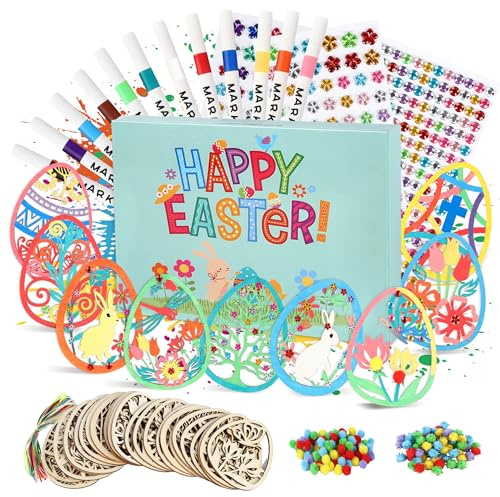 356 Stück Ostern Basteln Kinder, 27 Holzanhänger Ostern Deko(9 Verschiedene Ostereier-Designs) mit 160 Bunte Pompons, 27 Dekokordeln, 3 pcs Strassblumen und 12 Acrylmarker, Ostern Geschenke fur Kinder
