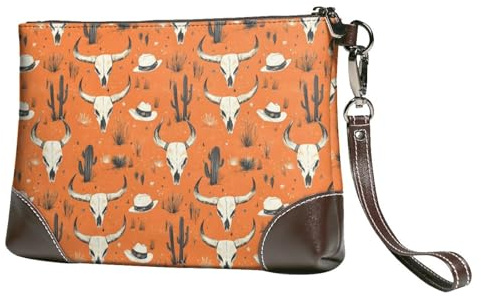 GVYGVY Petit sac à main pour femme – Portefeuille portable rétro en cuir avec dragonne et motif tête de mort de mouton orange