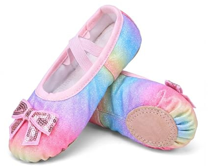 Haloumoning Girls Glitter Ballet Shoes Sequin Bow Ballet Slippers Gym Yoga Practice Dance Shoes for Toddler/Little/Big Kids Rainbow
