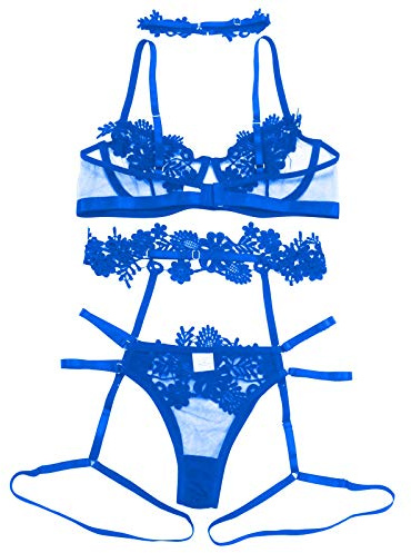 Ensemble de Lingerie Féminine Et Vêtements Sexy Jarretière G-String Underwire sous-vêtements Neck Thong Ceinture Soutien-Gorge Broderie Nuisette Sexy Femme Sensuelle Ensemble Lingerie (Blue, M)