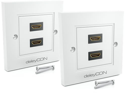 deleyCON 2x HDMI Prise Boîtier Mural 2x Port Montage Encastrée - EARC, Haut Débit, 4K/8K FULL HD Support - pour TV, PS5, Barre de Son, Dolby, HiFi - 80x80mm - Blanc