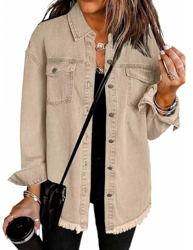 YGERGWE Denim Jackets for Women UK, Oversized Lightweight Jean Jacket Casual Button-Down Shacket, Ladies Long Sleeve Jean Shirt Top for Spring Autumn