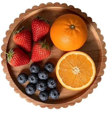 Bandeja de madera para servir | Expositor para alimentos 20 cm | Decorativo rústico de madera con bordes festoneados y estructura acanalada, para queso, pan, frutas, cocina, salón, restaurante