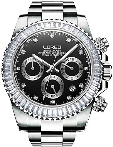 LOREO Herren-Armbanduhr, automatisch, mechanisch, multifunktional, Edelstahl, Saphirglas, schwarzes Zifferblatt, wasserdicht