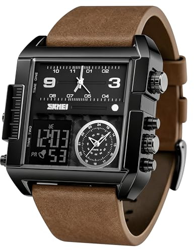 SKMEI Herren Digital Sportuhr LED Quadratisch Großes Gesicht Analog Quarz Armbanduhr mit Multi-Time Zone Wasserdicht Stoppuhr, Schwarz - Black Coffee, Digital