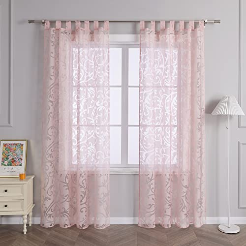 Delien Voile Ausbrenner Gardine mit Ranken Muster B140 x H225 cm, Rosa | 1 Stück,Mit Schlaufen,Transparenter Vorhang,Wohnzimmer Gardinenschals,Leicht,Luftig,Tür Fenster Dekochals,Modern Stores
