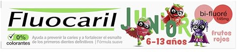 Fluocaril Junior Bi-Fluoré 145 mg Pasta Dentífrica Anticaries Sabor Frutos Rojos Esmalte Reforzado, Fortalece los primeros dientes definitivos, Eficacia Clínicamente Probada 75 ml