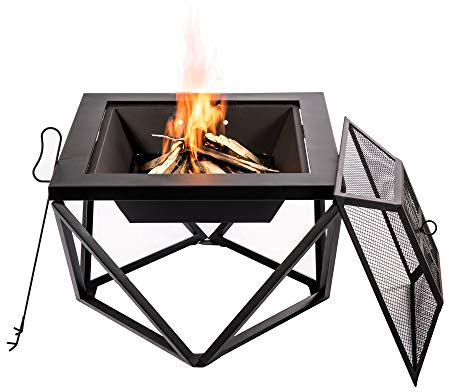 Teamson Home Holzbefeuerte Feuerstelle, Grau Schwarz | Holzofen für Außenbereich, Mit Deckel, Home Garten