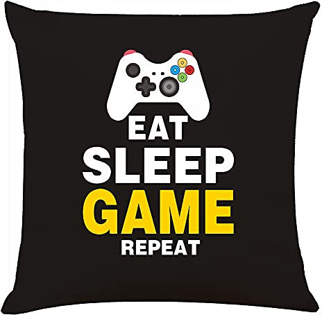 Video Game Theme Throw Pillow Case,Funny Words Eat Sleep Game Repeat Controller Decorative Pillow Covers for Gamer, Gaming Decorative Linen Square Cushion Cases for Game Room Playroom 18x18