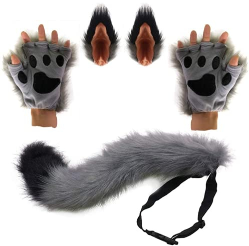 PPFINE Wolf Fuchs Schwanz Clip Ohren und Handschuhe Set Halloween Weihnachten Fancy Party Kostüm Spielzeug Geschenk für Kinder oder Erwachsene