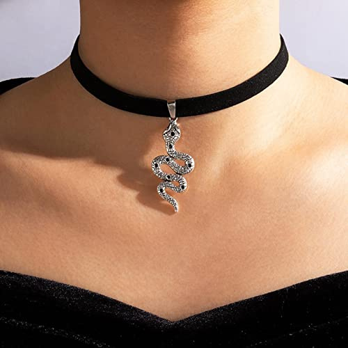 Wendalern Vintage Noir Velours Gothique Collier Ras Du Cou Serpent Pendentif Argent - Bijoux Halloween pour Femmes et Filles