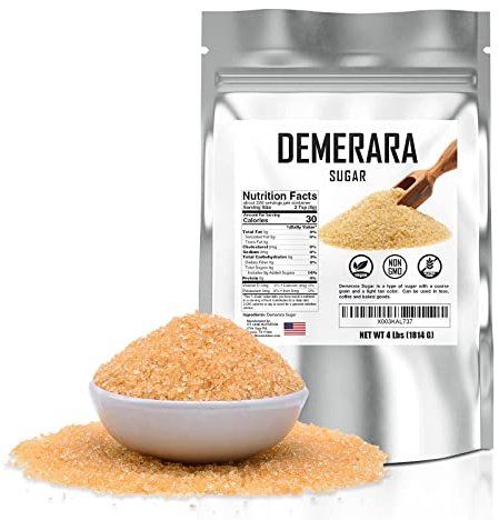 Bulk Demerara Sugar 4 lbs. Pure Unrefined Brown Crystals for Baking and Cooking. Value Size Bag.