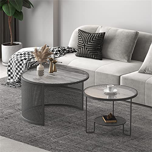 Rattan-Couchtisch, Couchtisch mit Tablettplatte, Couchtisch aus Korbgeflecht, handgewebte Rattanplatte, Haarnadelbein, Tabletttisch, Mitteltisch für Wohnzimmer, runder Couchtisch,schwarz,A