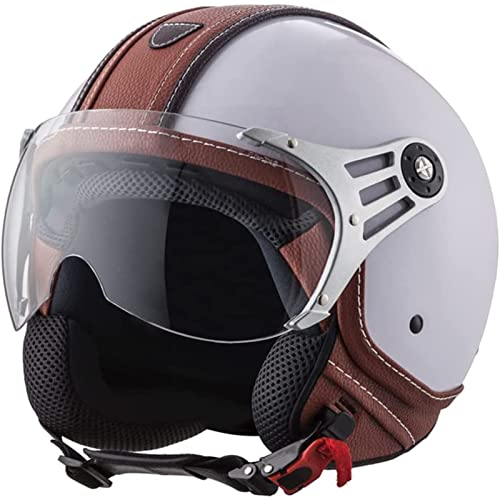 Vintage Motorradhelm im Deutschen Stil für Erwachsene Männer Frauen Retro 3/4 Jethelm mit Visier DOT/ECE-geprüfter Halbhelm für Scooter Moped,Weiß,XL