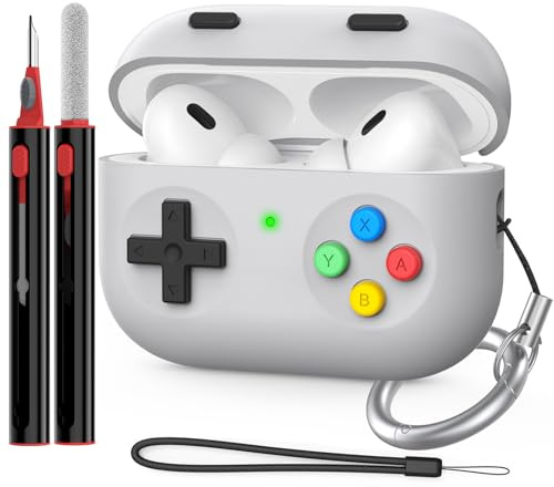 Delidigi für Airpods Pro 2 Hülle Case 2022/2023 (USB C) mit Reinigungsstift | Klassische Handheld Game Console Design Silikon Schutzhülle with Karabiner & Lanyard, Kabelloses Laden Front LED Sichtbar