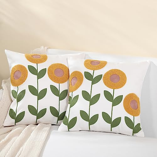 Sioloc Pack of 2 Summer Floral Embroidered Decorative Throw Pillow Covers Flower Decorative Throw Pillow Covers Jacquard Pillowcase Soft Square Cushion Cozy Pillowcase for Couch Bedroom 18x 18
