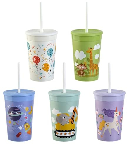 Engelland 5 x Kinderbecher mit Deckel und Strohhalm, BPA-frei, Bunte Mischung, Kunstoffbecher, Trinkbecher, Party-Becher, Plastik, Trink-Gläser, Mehrweg 0,33l